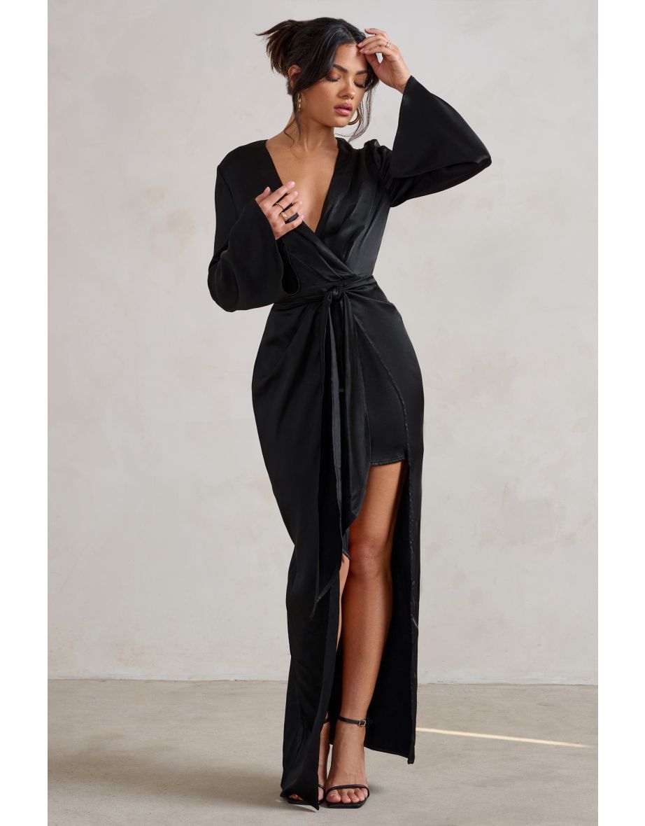 Patricia | Black Extreme Plunge Long Sleeve Maxi Dress With Tie Detail - 4