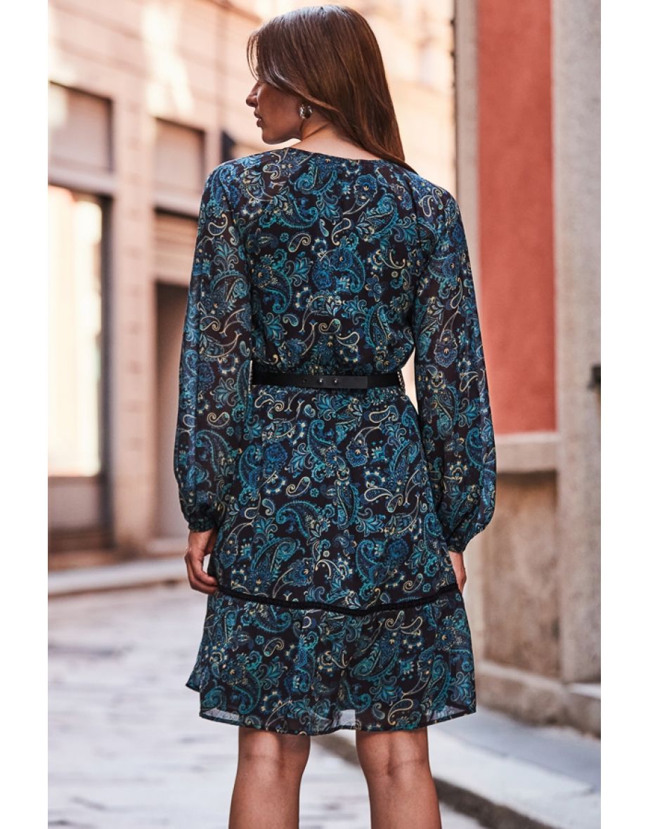 Navy Blue Paisley Print Fit & Flare Dress - 3