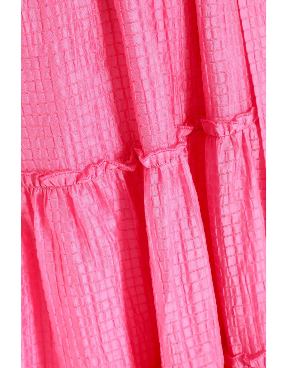 Pink Textured Frill Skater Midi Dress - 5