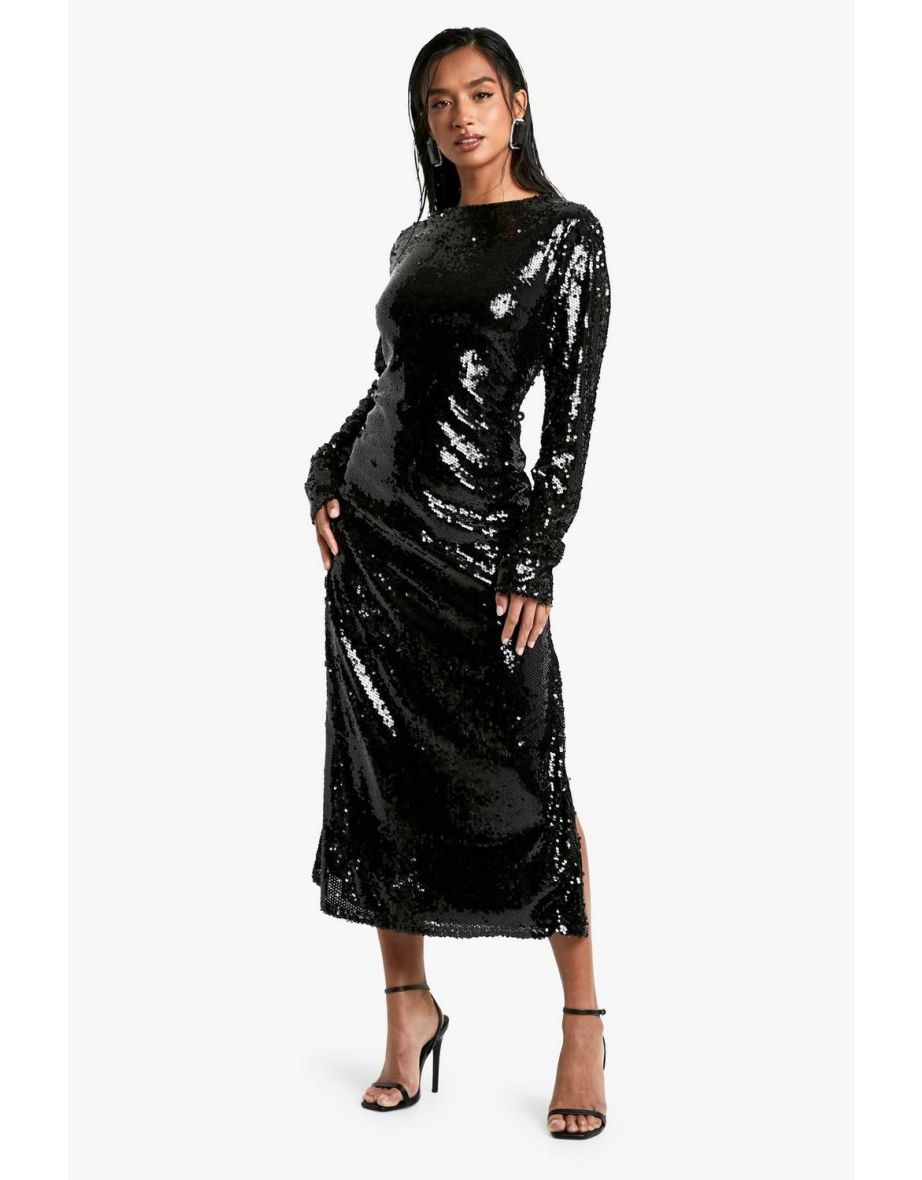 Petite Crew Neck Sequin Midaxi Dress - black