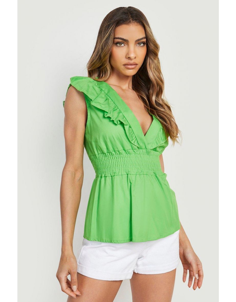 Frill Detail Shirred Top - bright green
