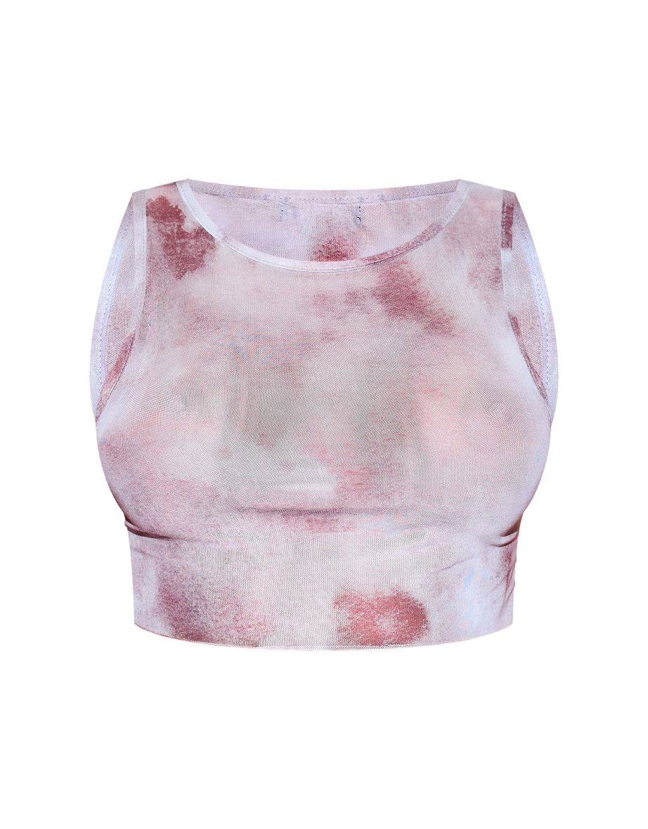 Grey Marble Print Mesh Crop Beach Top - 4