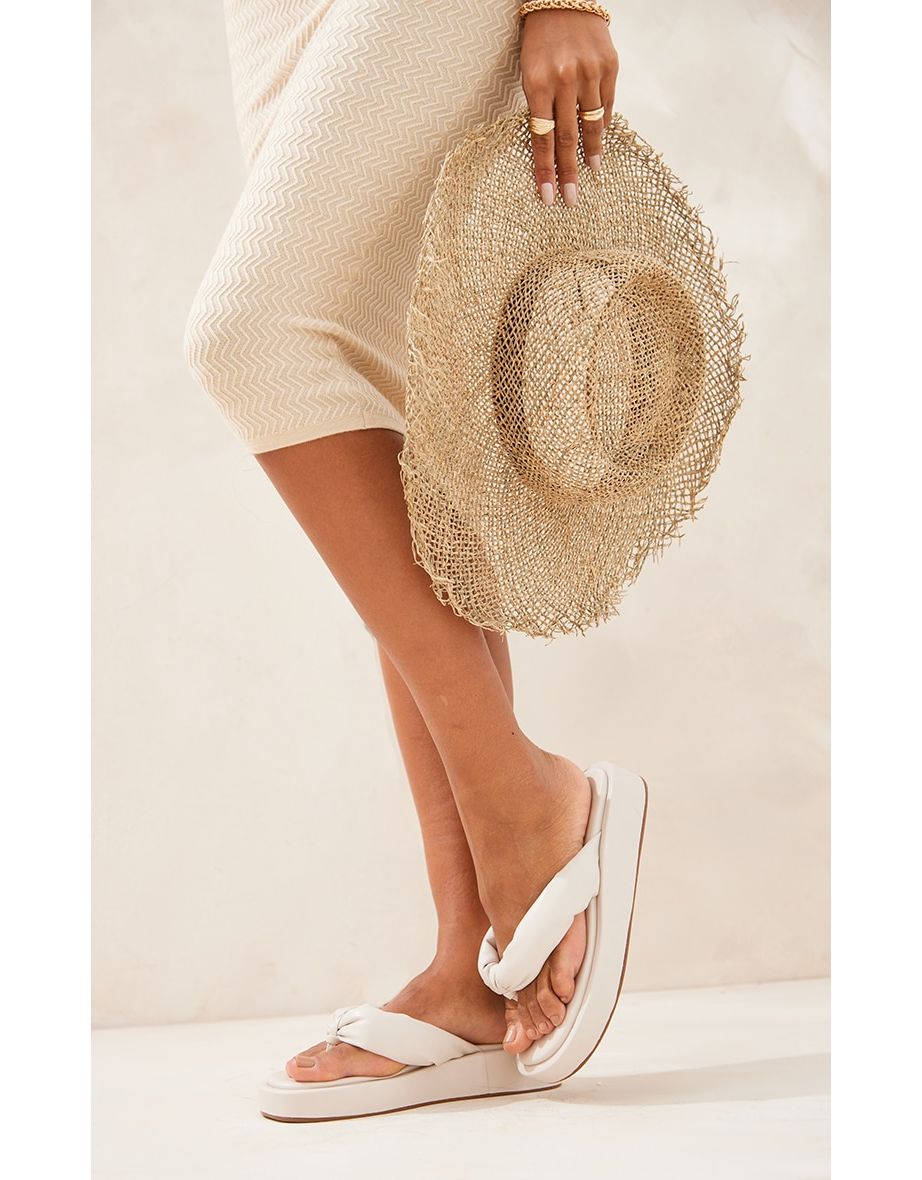 Beige PU Padded Thong Strap Chunky Sandals - 3