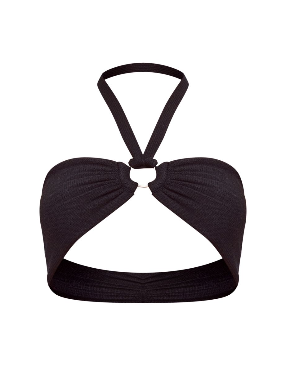 Black Ring Detail Halter Tie Knit Bralette - 4