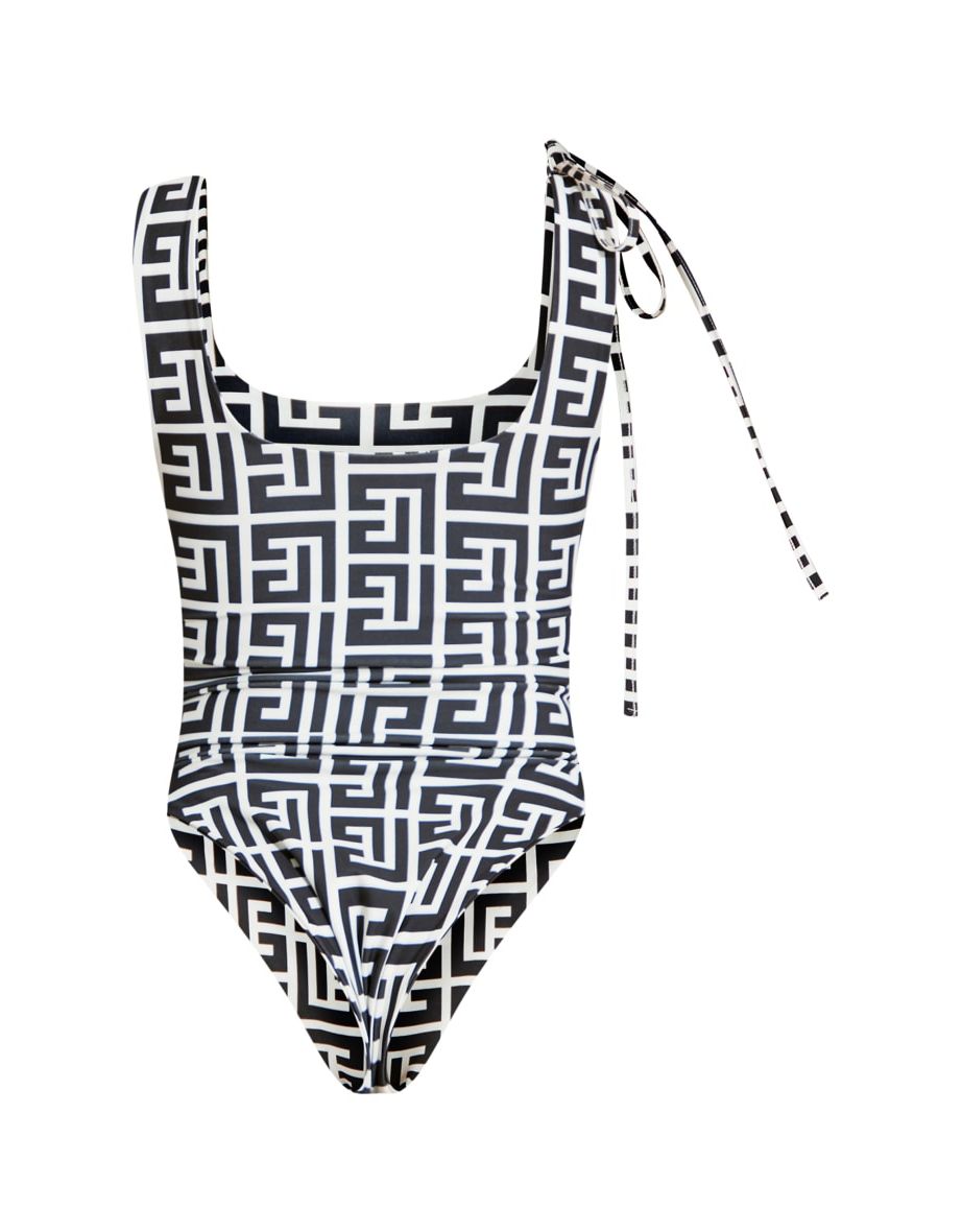 Monochrome Monogram Tie Waist Scoop Neck Swimsuit - 4