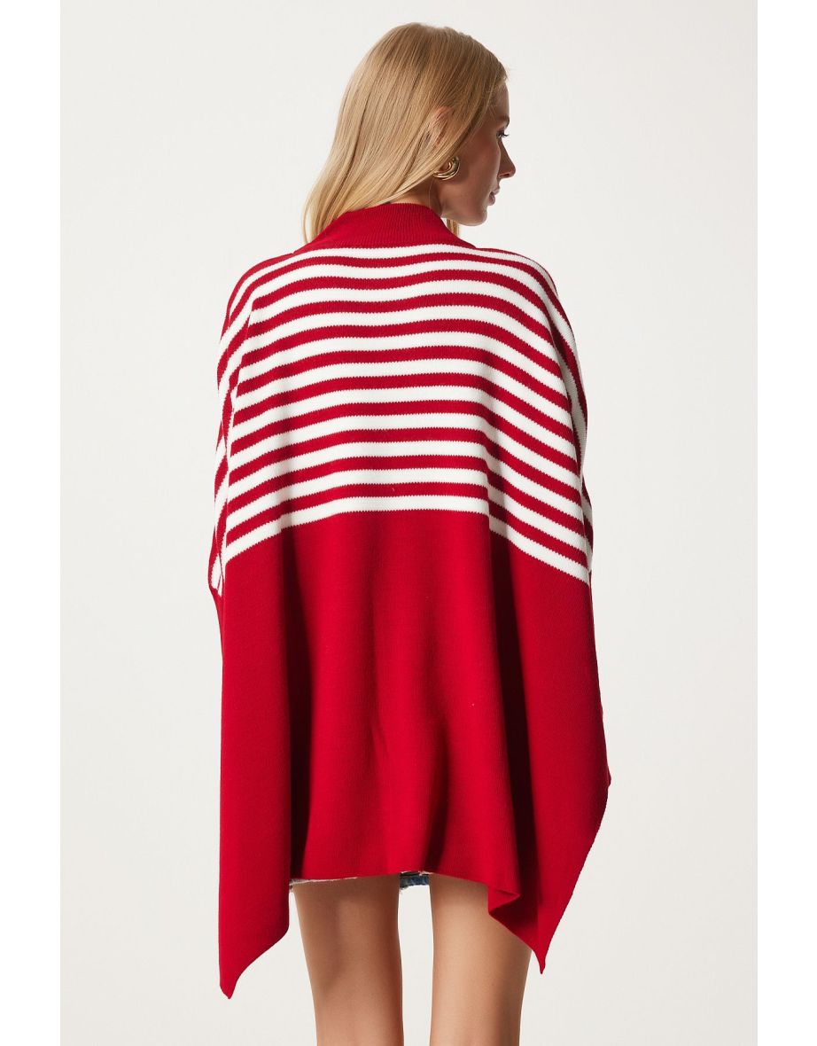 Women's Red Striped Side Slit Oversize Poncho Sweater - 7