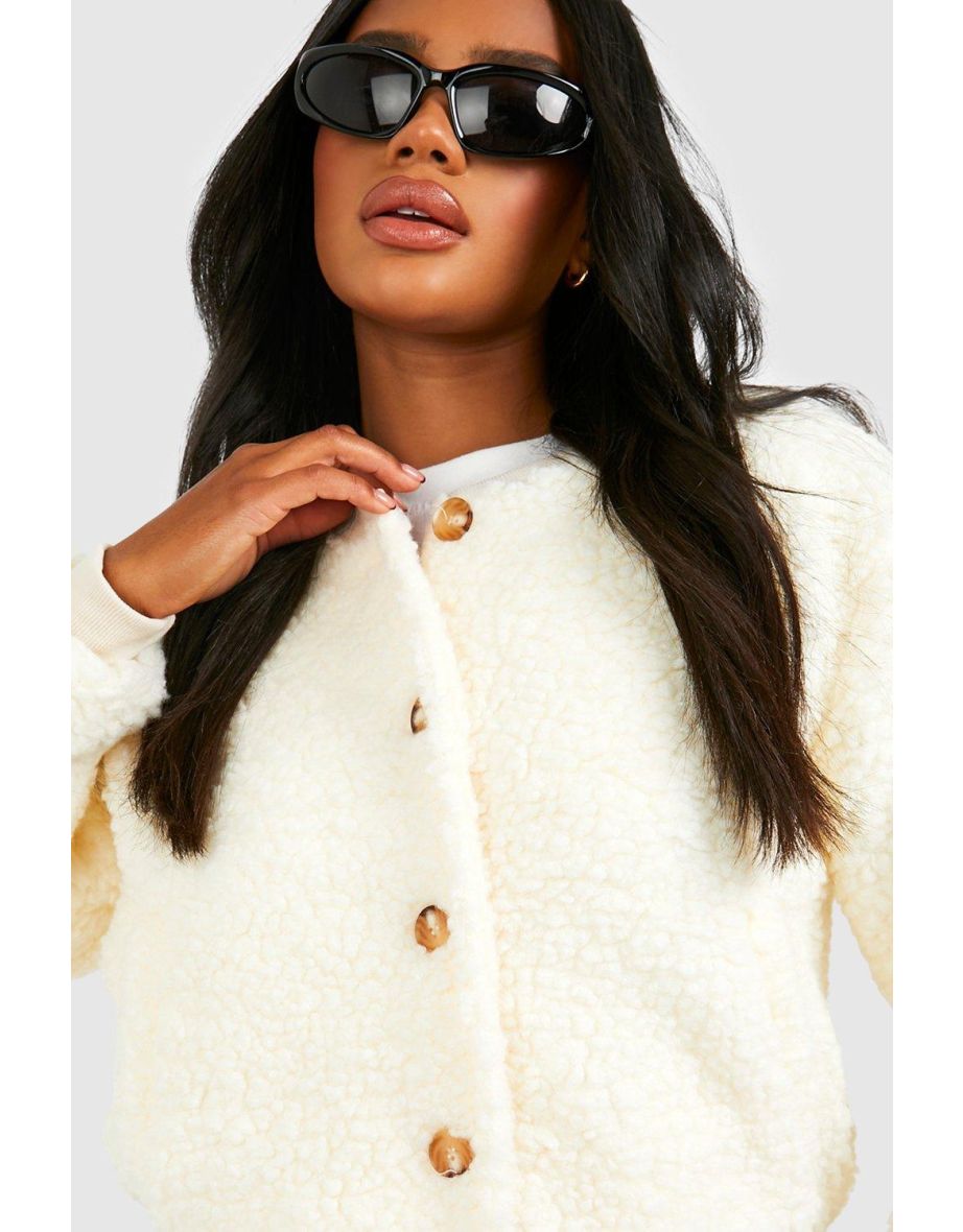Teddy Faux Fur Bomber Jacket - off white - 3