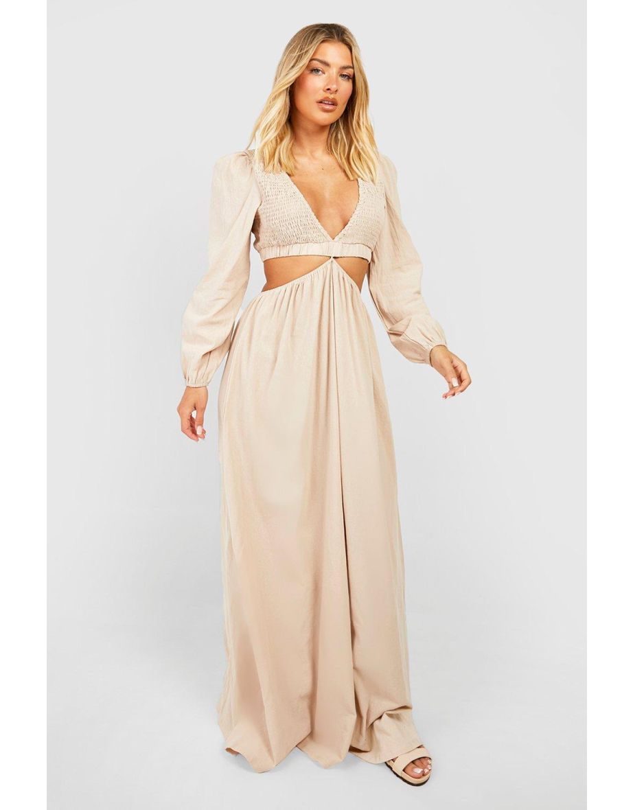 Linen Shirred Detail Cut Out Maxi Dress - stone
