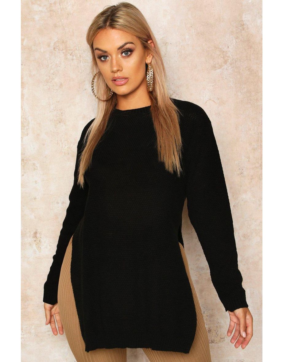Plus Side Split Moss Stitch Tunic Jumper - black