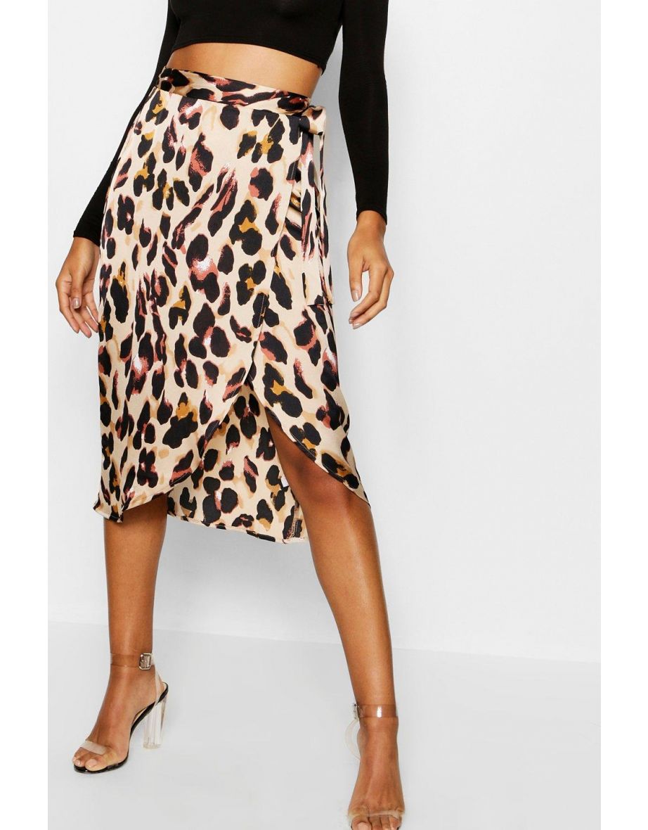 Tall Satin Leopard Print Wrap Skirt - leopard - 3