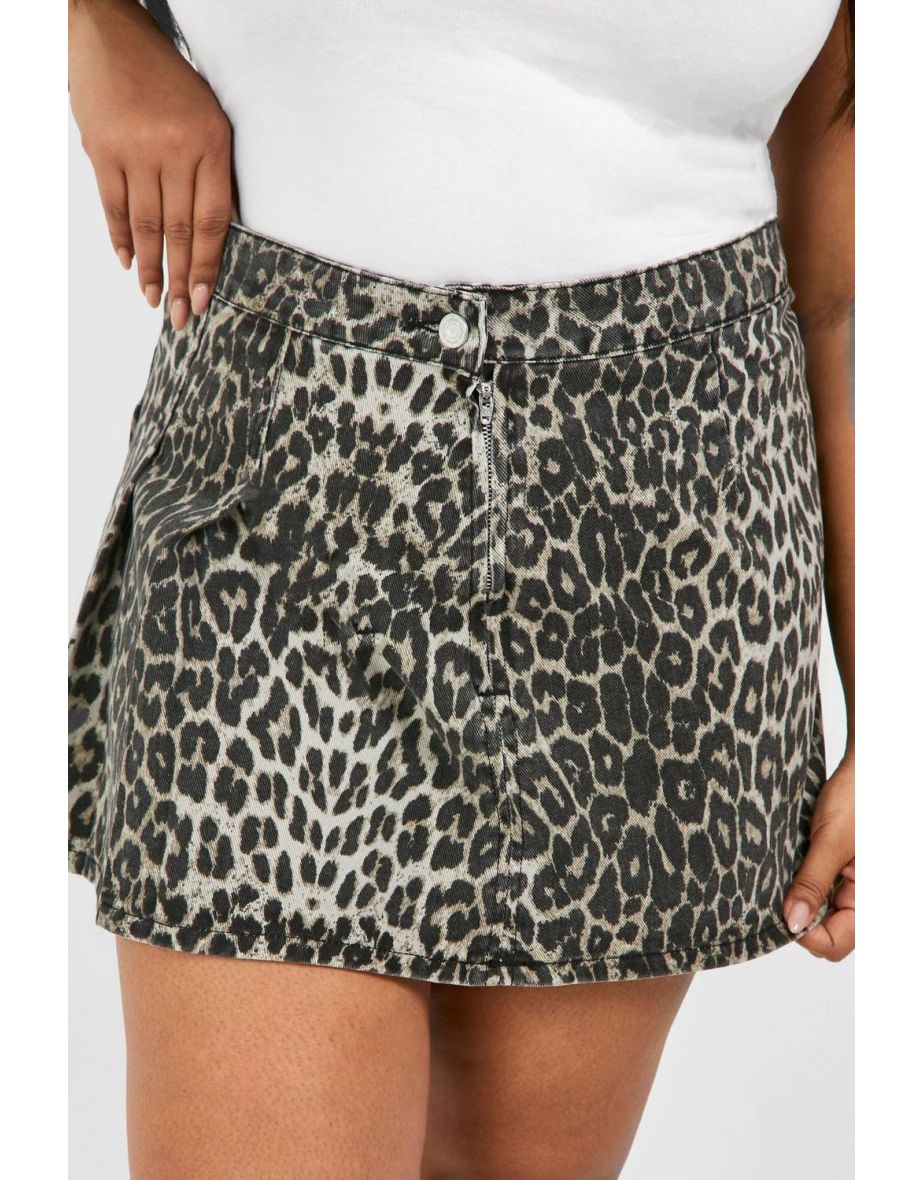 Plus Leopard Print Pleated Denim Tennis Skirt - leopard - 3