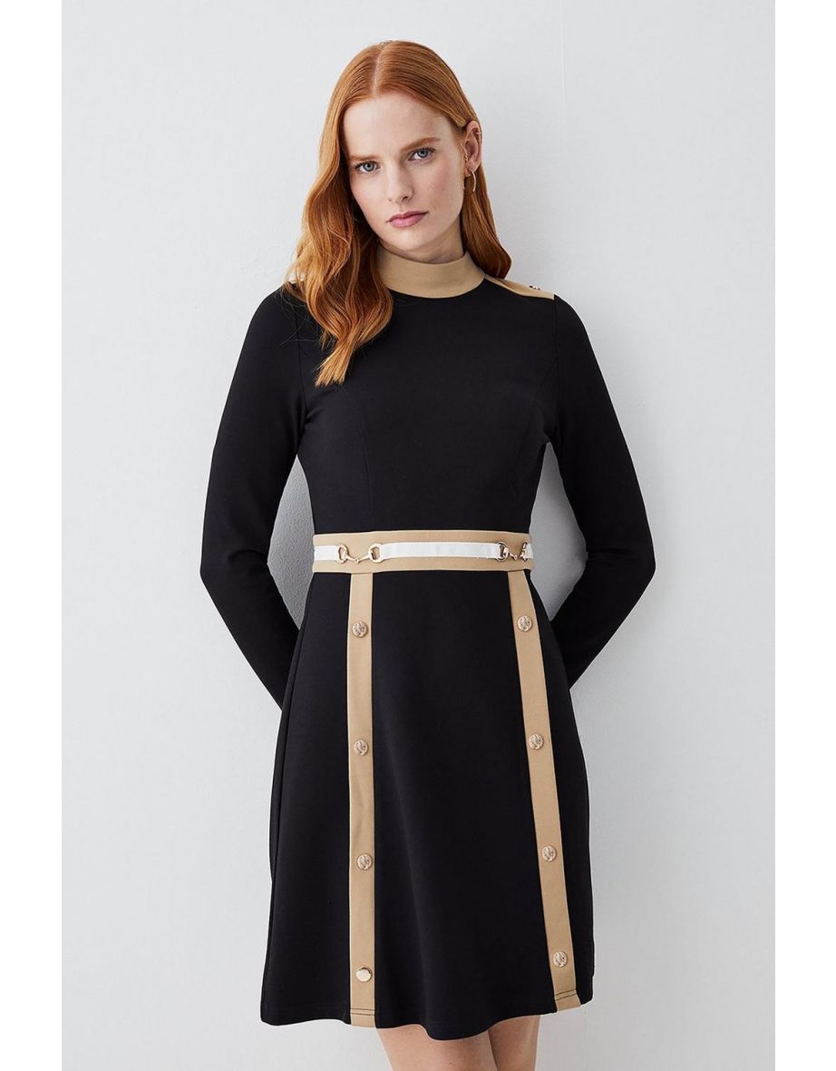 Snaffle Trim Colour Block Ponte Funnel Neck Skater Dress