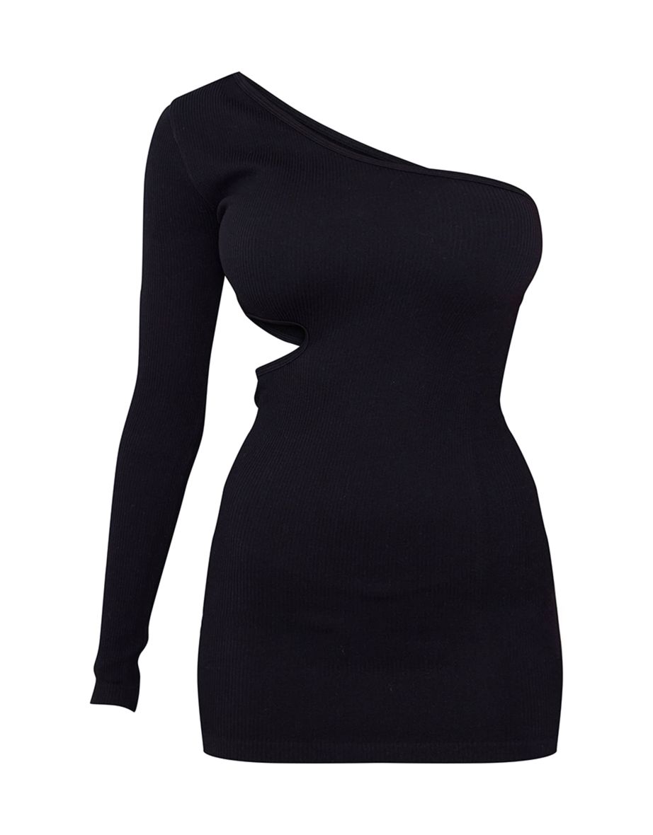 Black Structured Contour Rib One Shoulder Cut Out Bodycon Dress - 4
