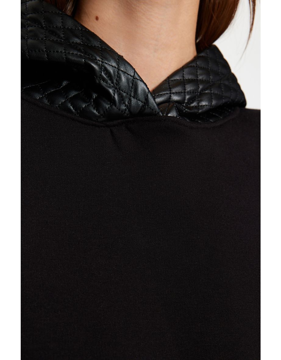 Black Thick Fleece Inside Quilted Oversize/Wide-Cut Hoodie, Knitted Sweatshirt . - 7