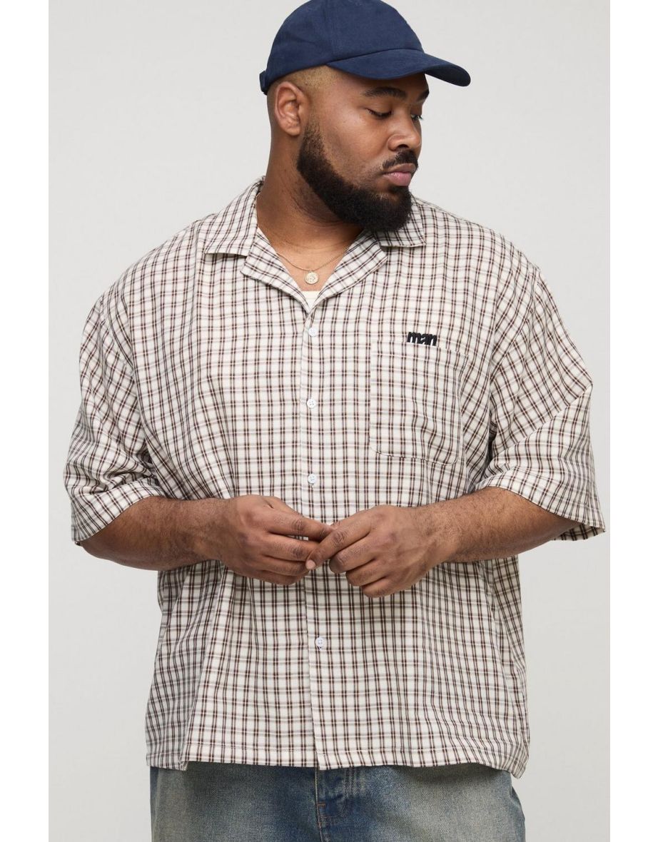 Plus Check Man Embroidered Boxy Oversized Shirt - ecru