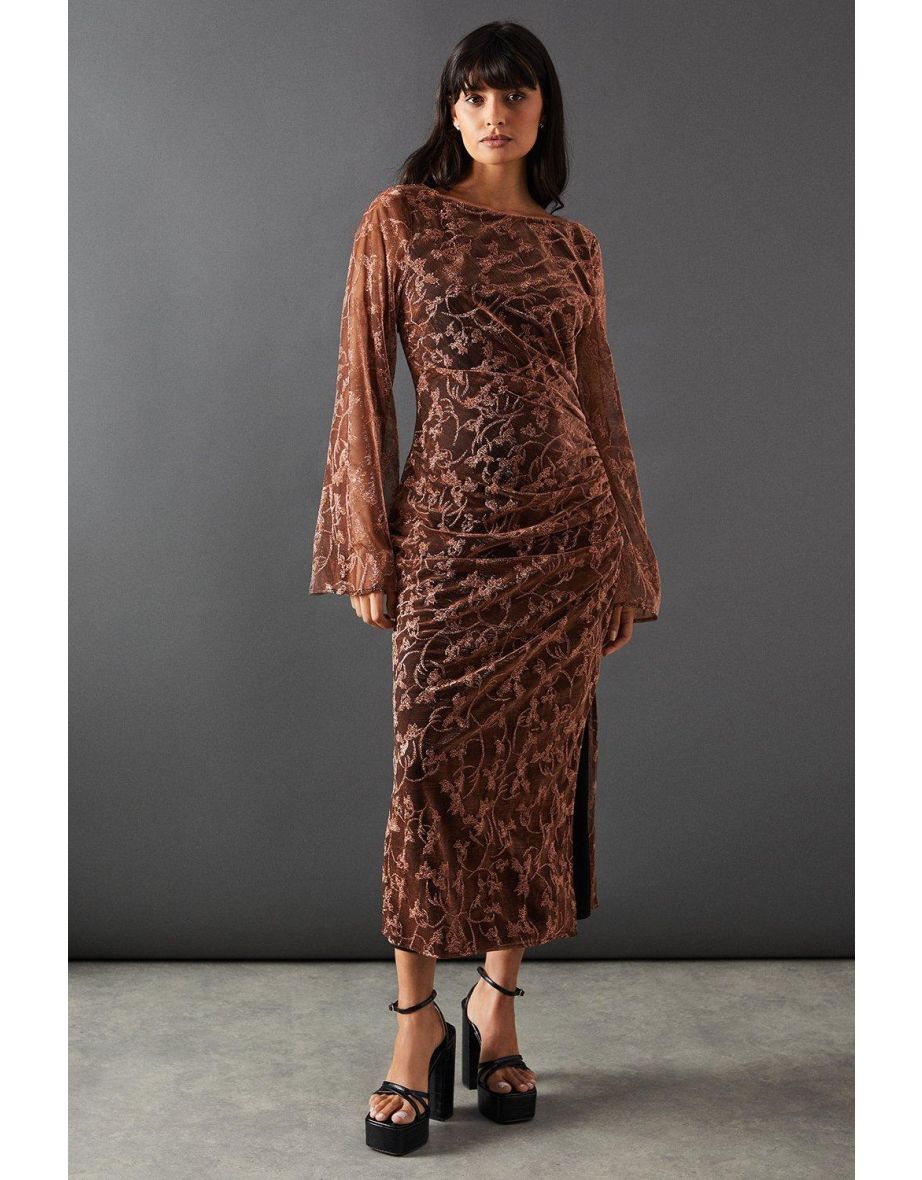 Metallic Mesh Ruched Side Midi Dress
