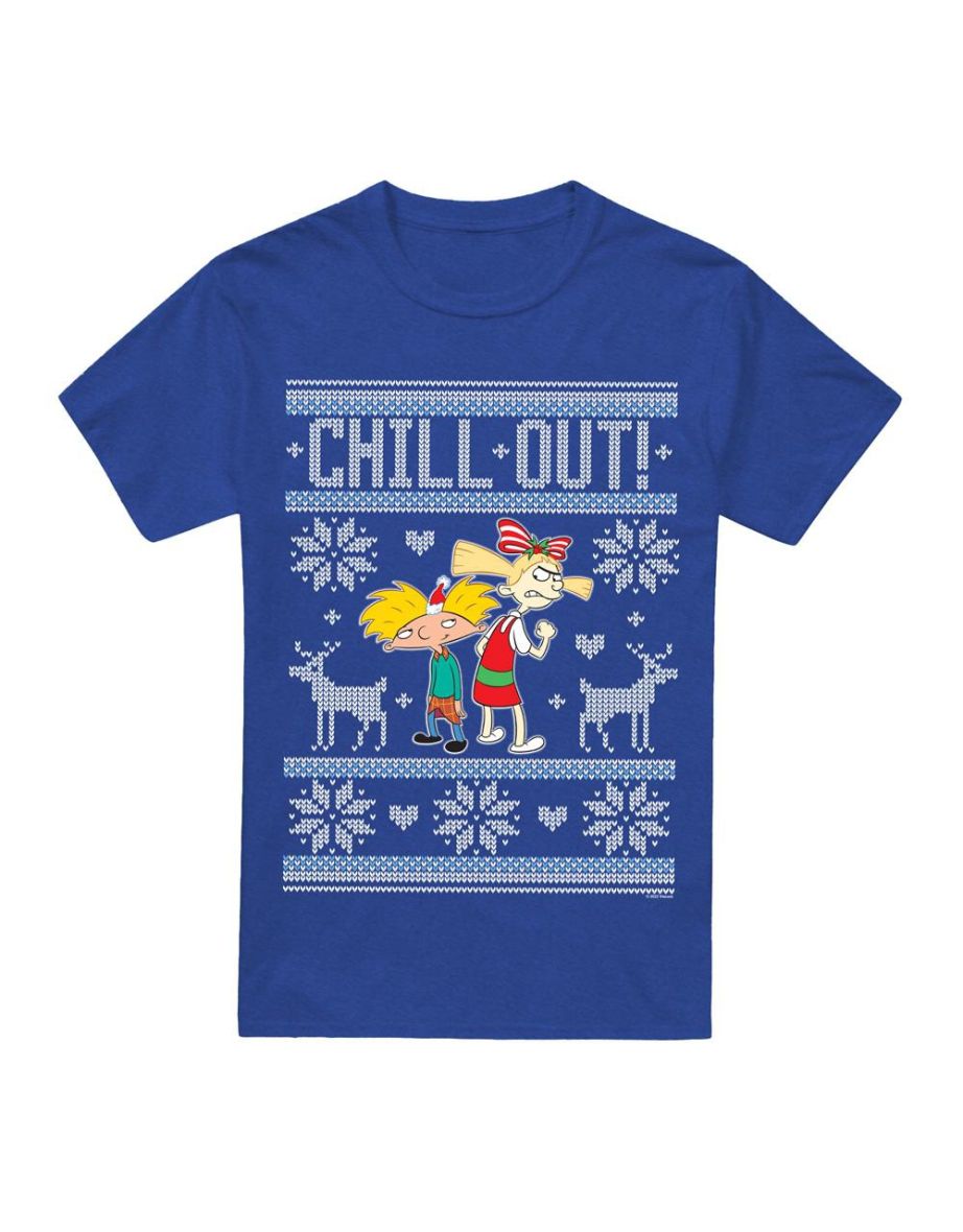 Hey Arnold! Unisex Adult Chill Out Arnold & Helga Christmas Jumper T-Shirt - Royal Blue