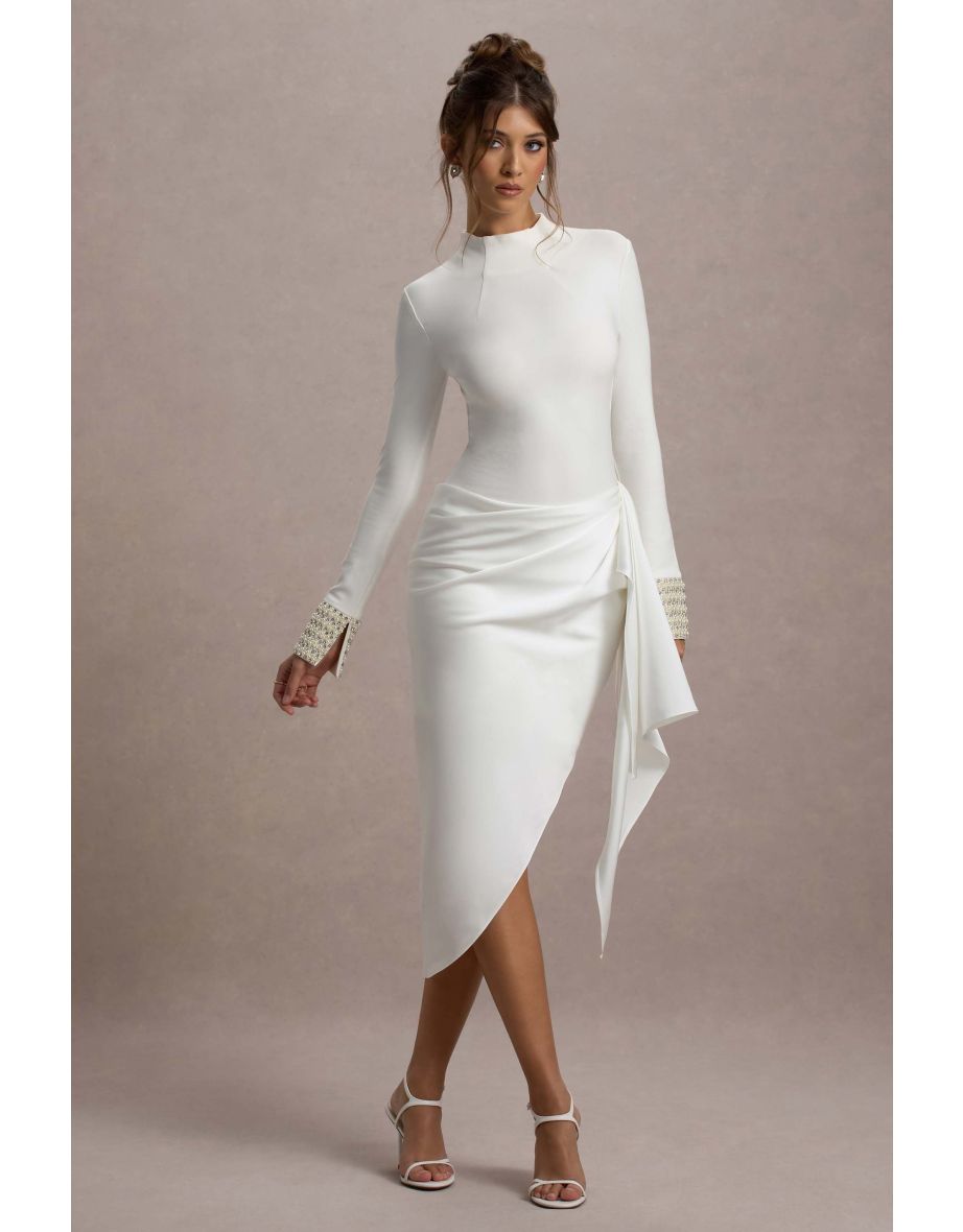 Luanna | Ecru Satin Long-Sleeve Midi Dress With Draped Skirt