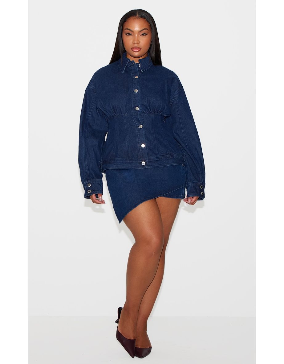 Plus Indigo Asymmetric Layered Panel Denim Mini Skirt