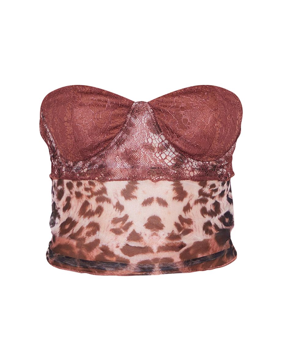 Multi Mesh Leopard Lace Cup Detail Bandeau Top - 4