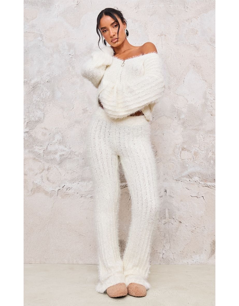 Cream Eyelash Ladder Knit Zip Up Cropped Cardigan