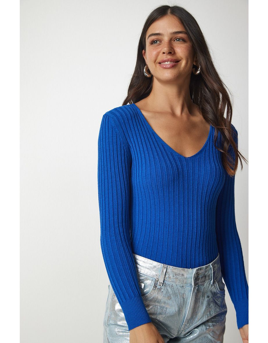 Blue Knitted V-Neck Blouse