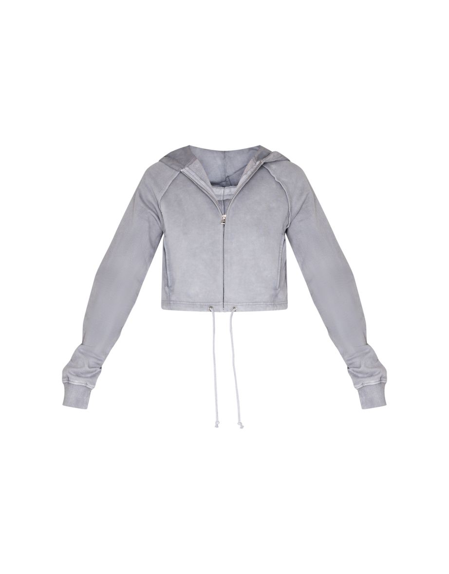 Ice Grey Washed Exposed Seam Cropped Drawstring Hoodie - 4