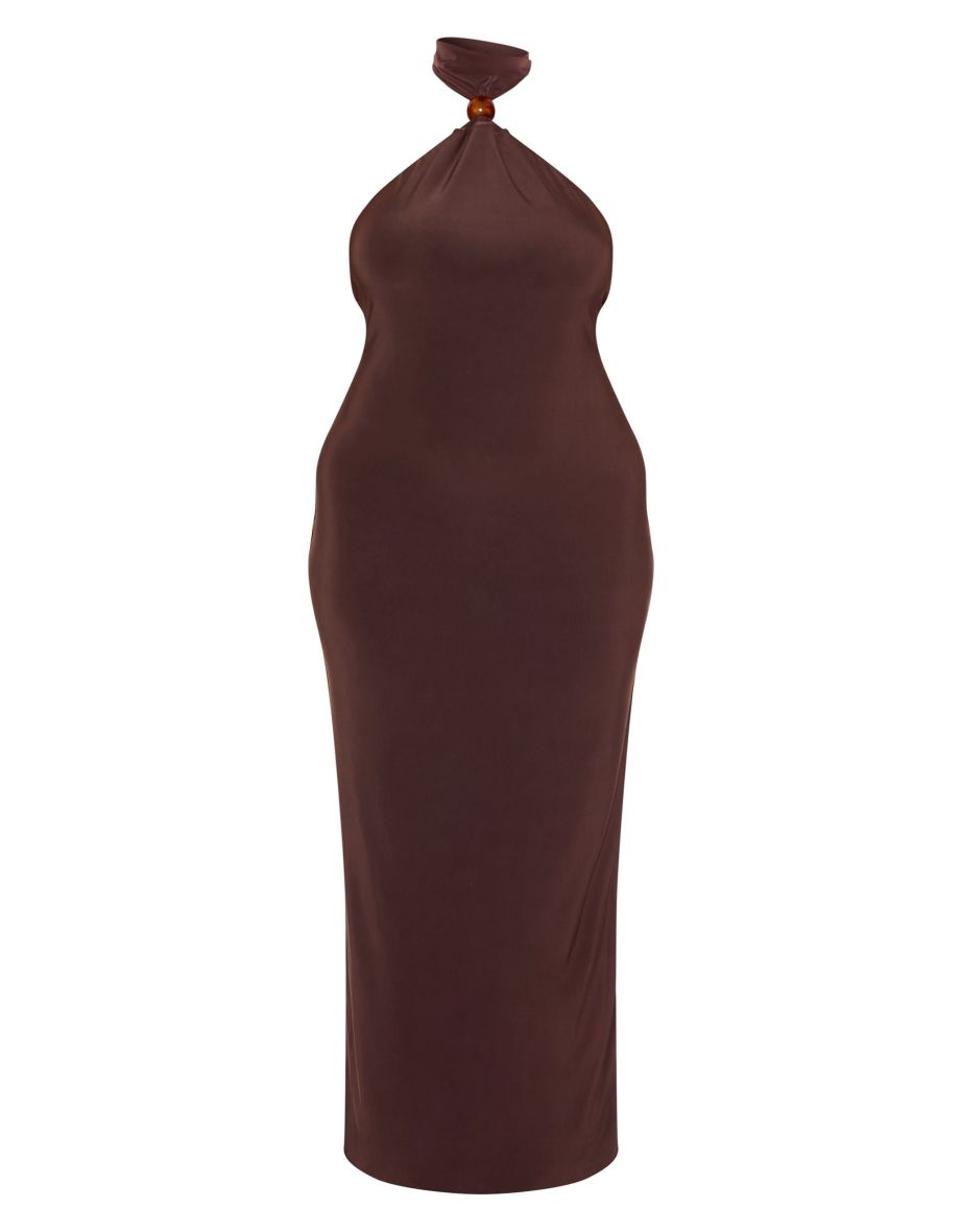 Plus Dark Chocolate Slinky Bead Detail Halter Maxi Dress - 4