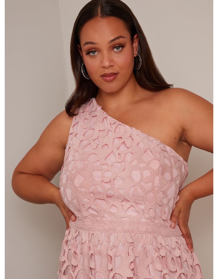 Plus Size One Shoulder Premium Lace Midaxi Dress in Blush - 3