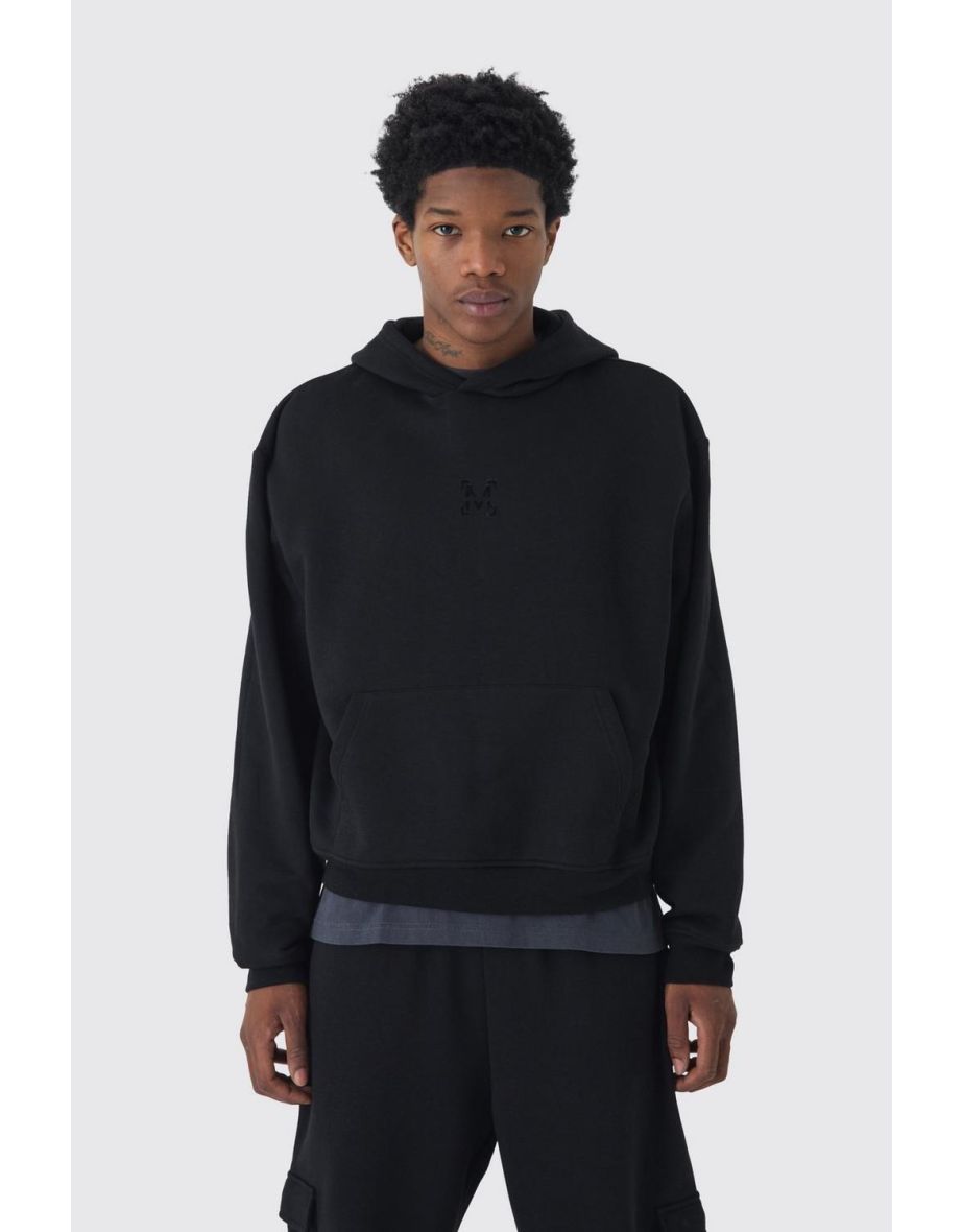 330GSM Oversized Boxy M Flocked Hoodie - black