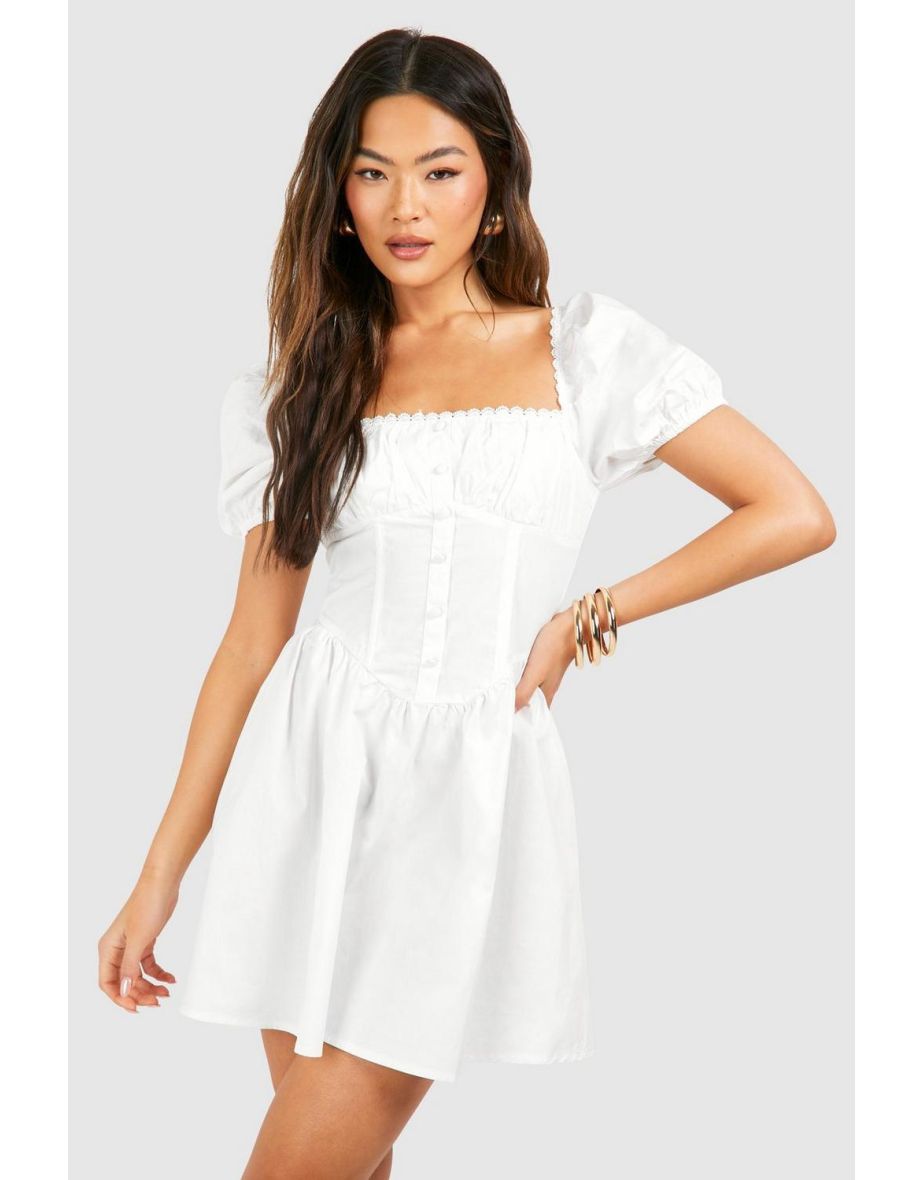 Puff Sleeve Cotton Rouched Milkmaid Mini Dress - white