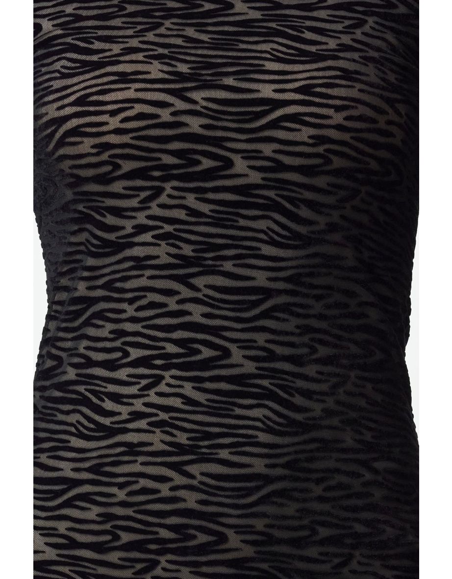 Black Flocked Zebra Patterned Lined Tulle Dress - 4
