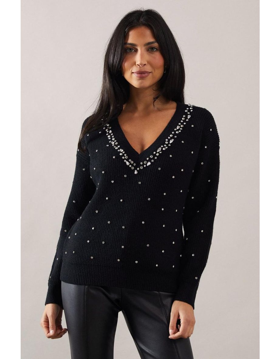 Shop Petite Embellished Neck Trim V Neck Jumper Wallis Online in Oman VogaCloset