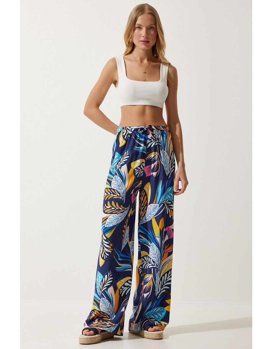 Women's Navy Blue Yellow High Waist Summer Wide Viscose Trousers