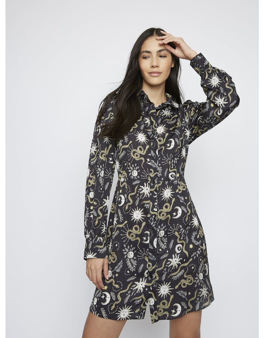 Glamorous Black Sun and Moon Print Long Sleeve Shirt Dress - 2