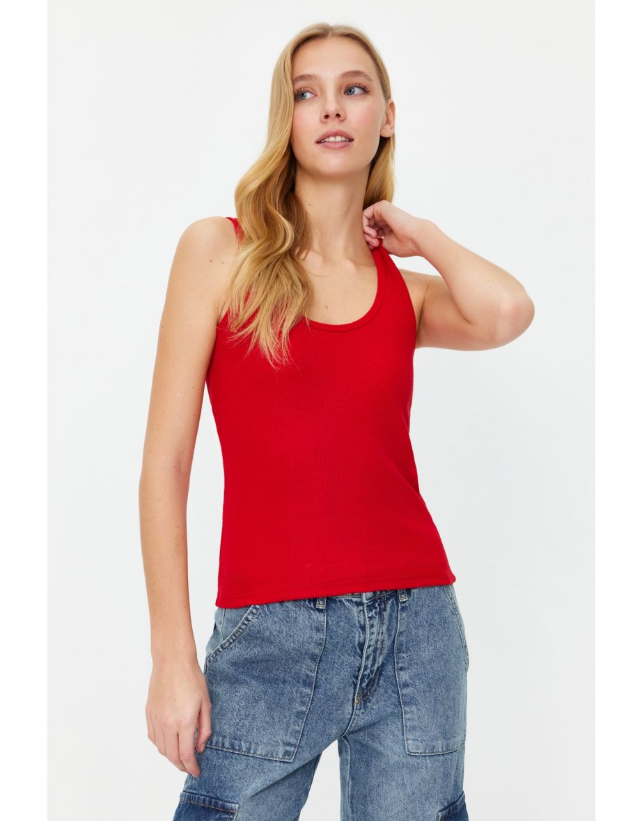 Red Fitted Pool Neck Ribbed Stretchy Knitted Undershirt