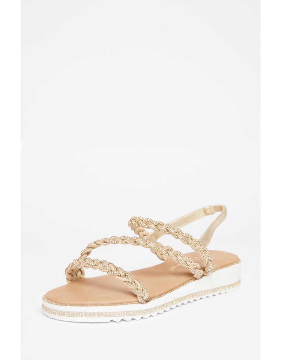 Wide Fit Gold Diamante Flat Sandals