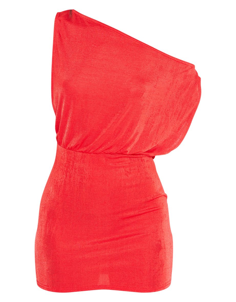 Tomato Red Slinky Acetate Draped Side Bodycon Dress - 4