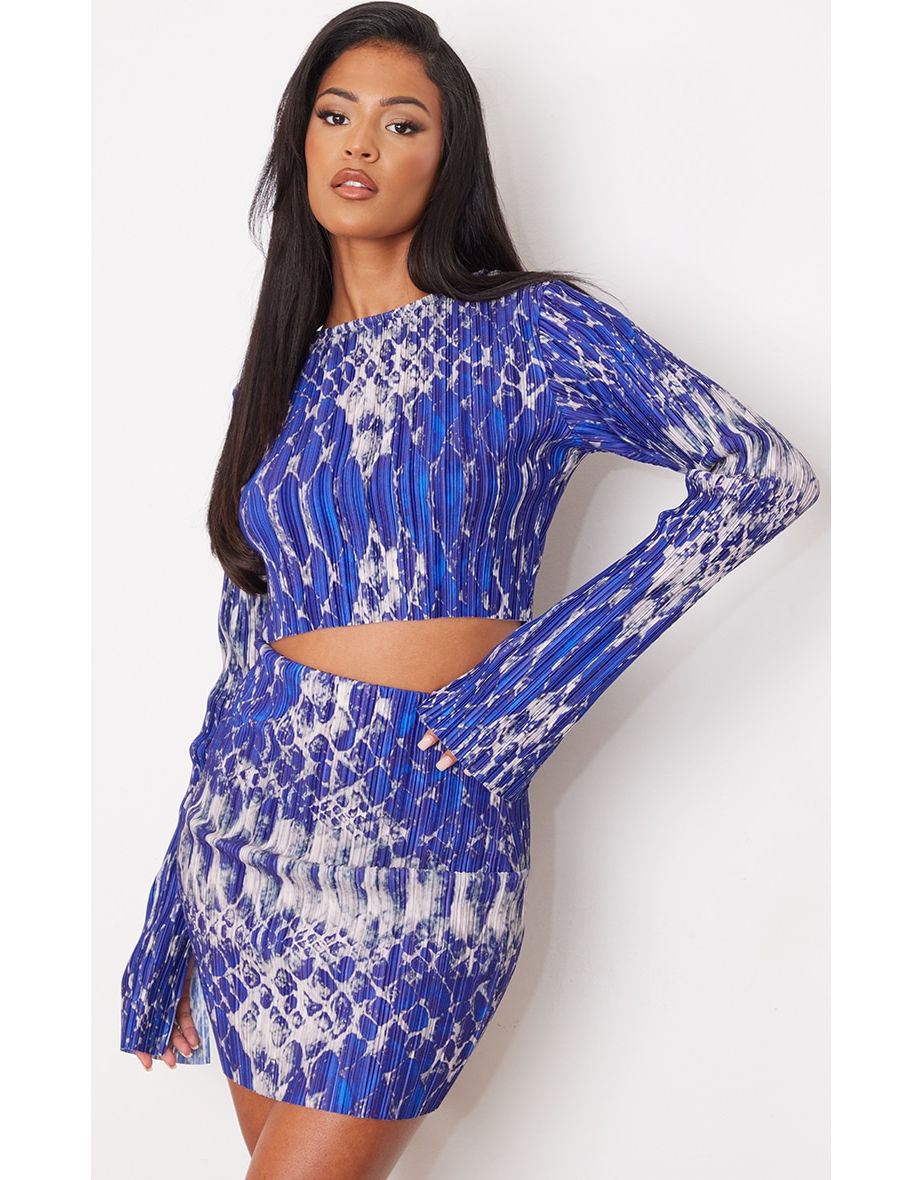 Tall Blue Snake Print Long Sleeve Plisse Crop Top