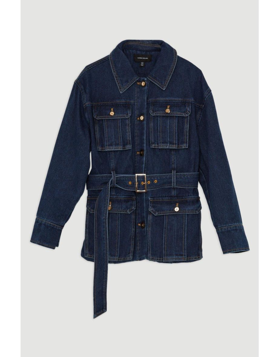 Denim Pocket Detail Belted Safari Jacket - 3