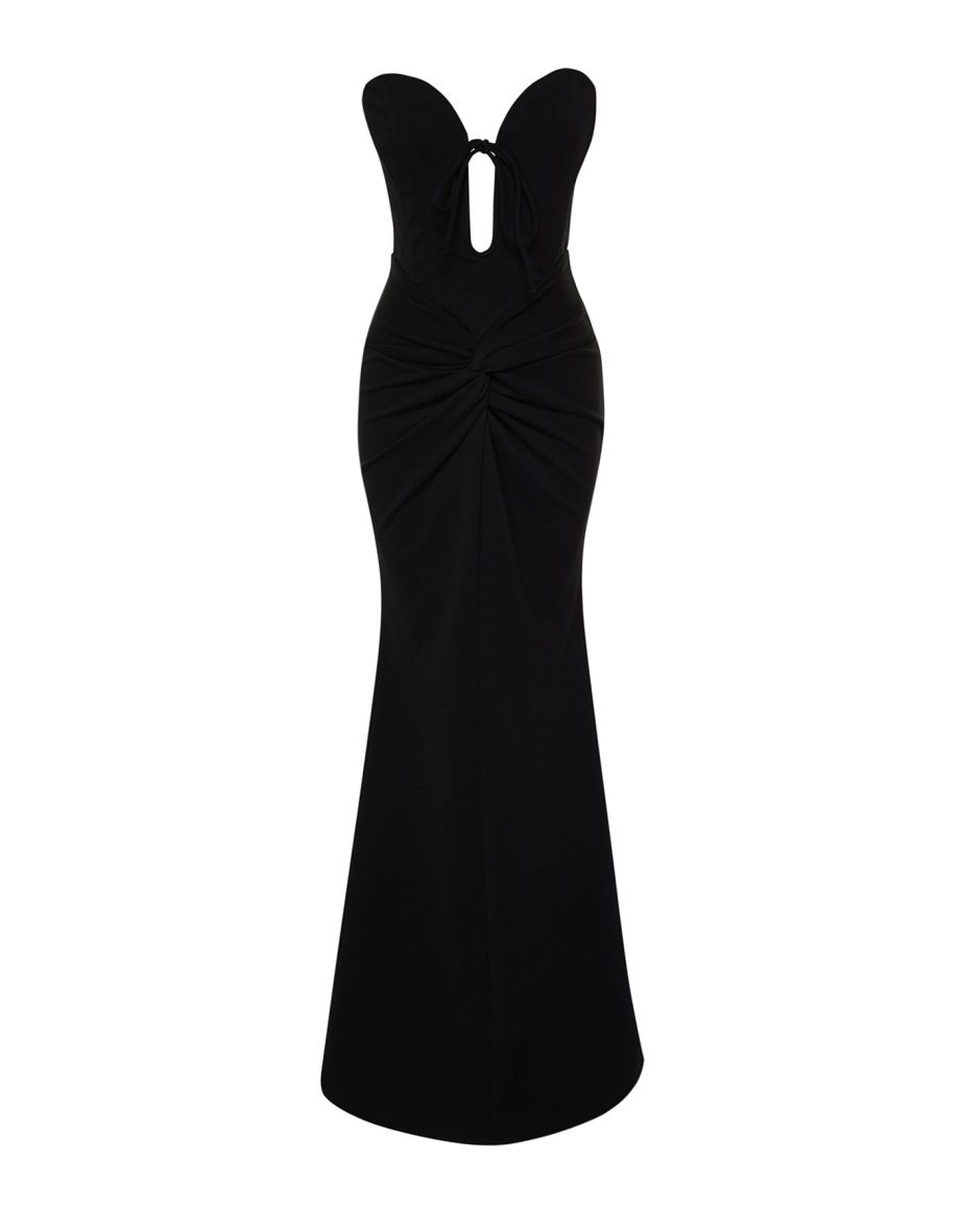 X Zeynep Tosun Black Fish Knitting Detailed Long Night Dress & Graduation Dress - 7