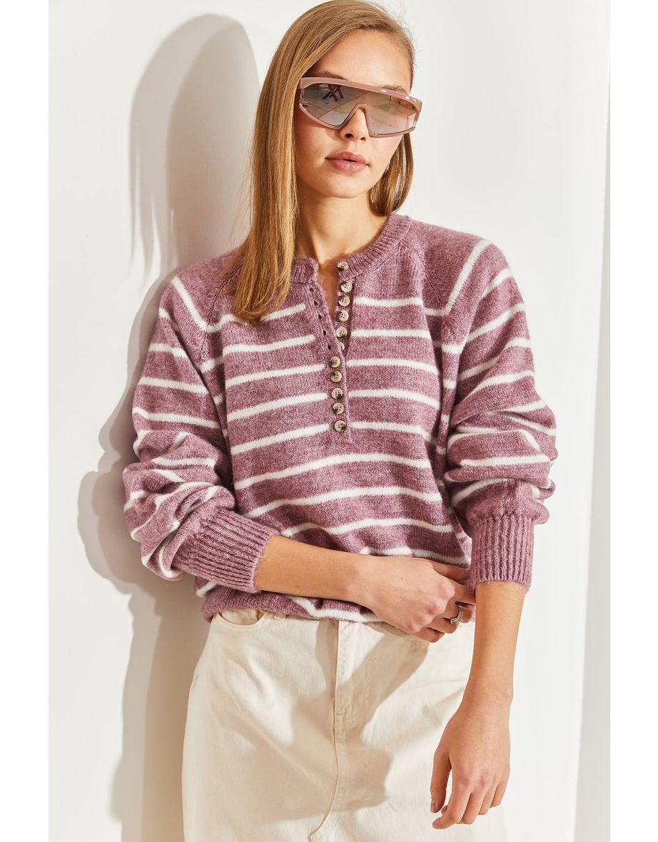 Women's Buttoned Collar Turtleneck Striped Knitwear Sweater