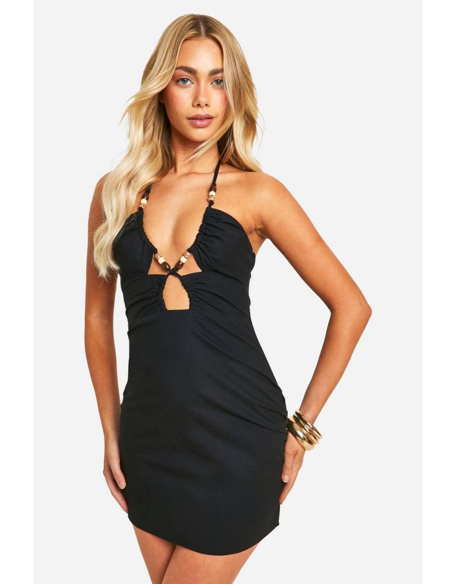 Linen Bead Detail Halterneck Mini Dress - black