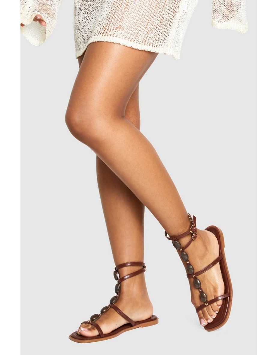 Wide Fit Beaded Gladiator Sandals - tan