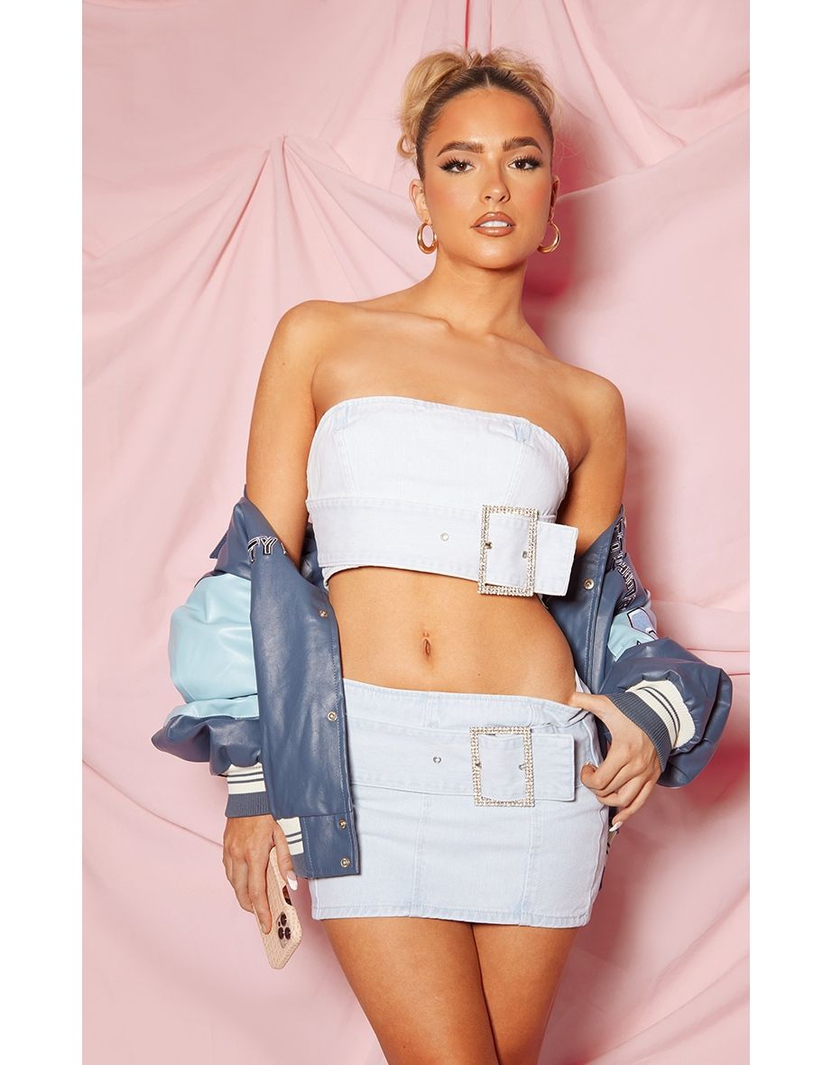 Light Blue Diamanté Belt Detail Bandeau Denim Top
