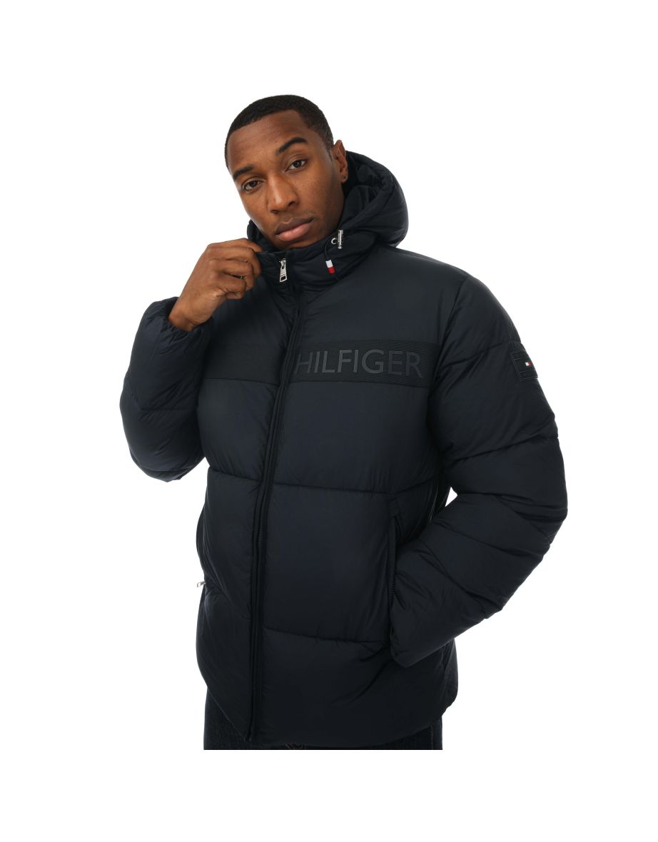 Men's Tommy Hilfiger Tonal Logo Hooded Puffer Jacket in Blue - 4