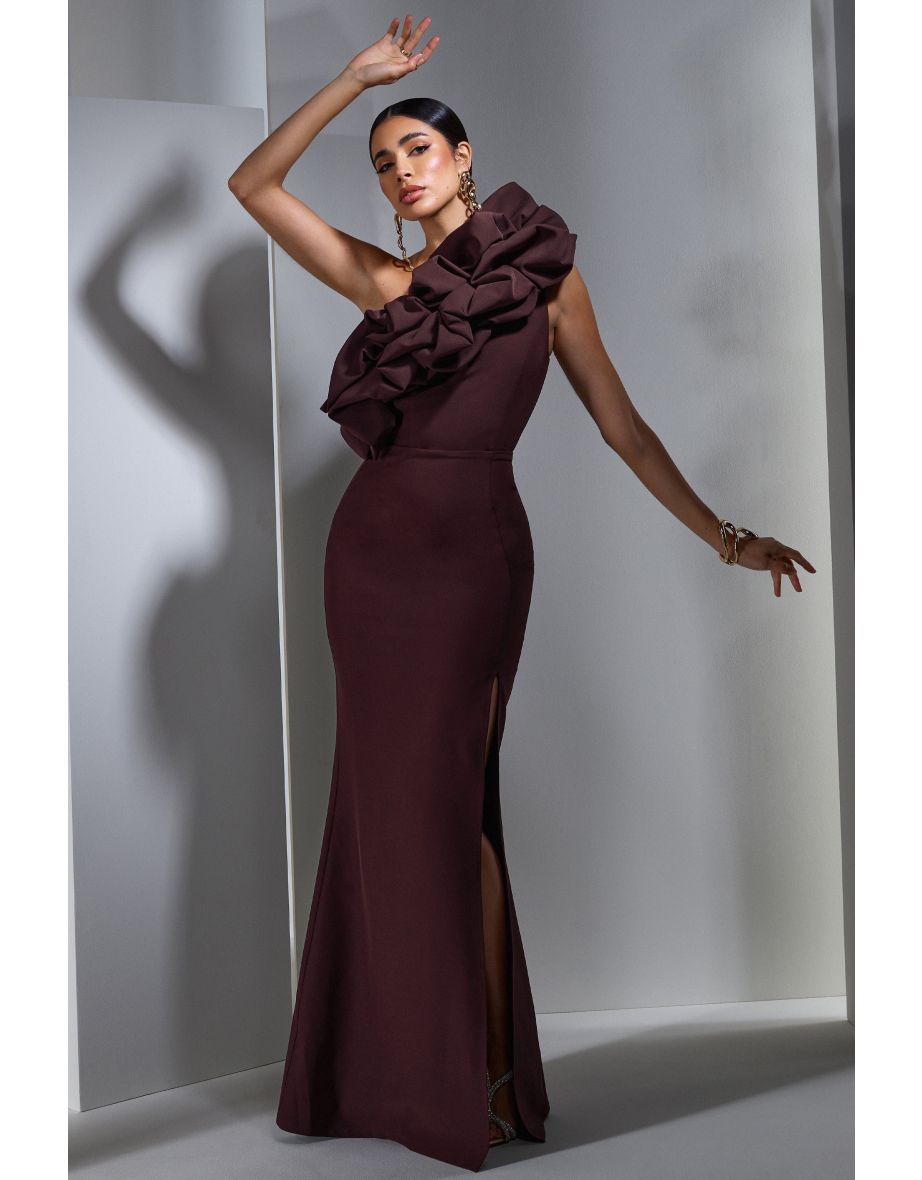 Vienne | Dark Plum Asymmetric Ruffle Split Maxi Dress
