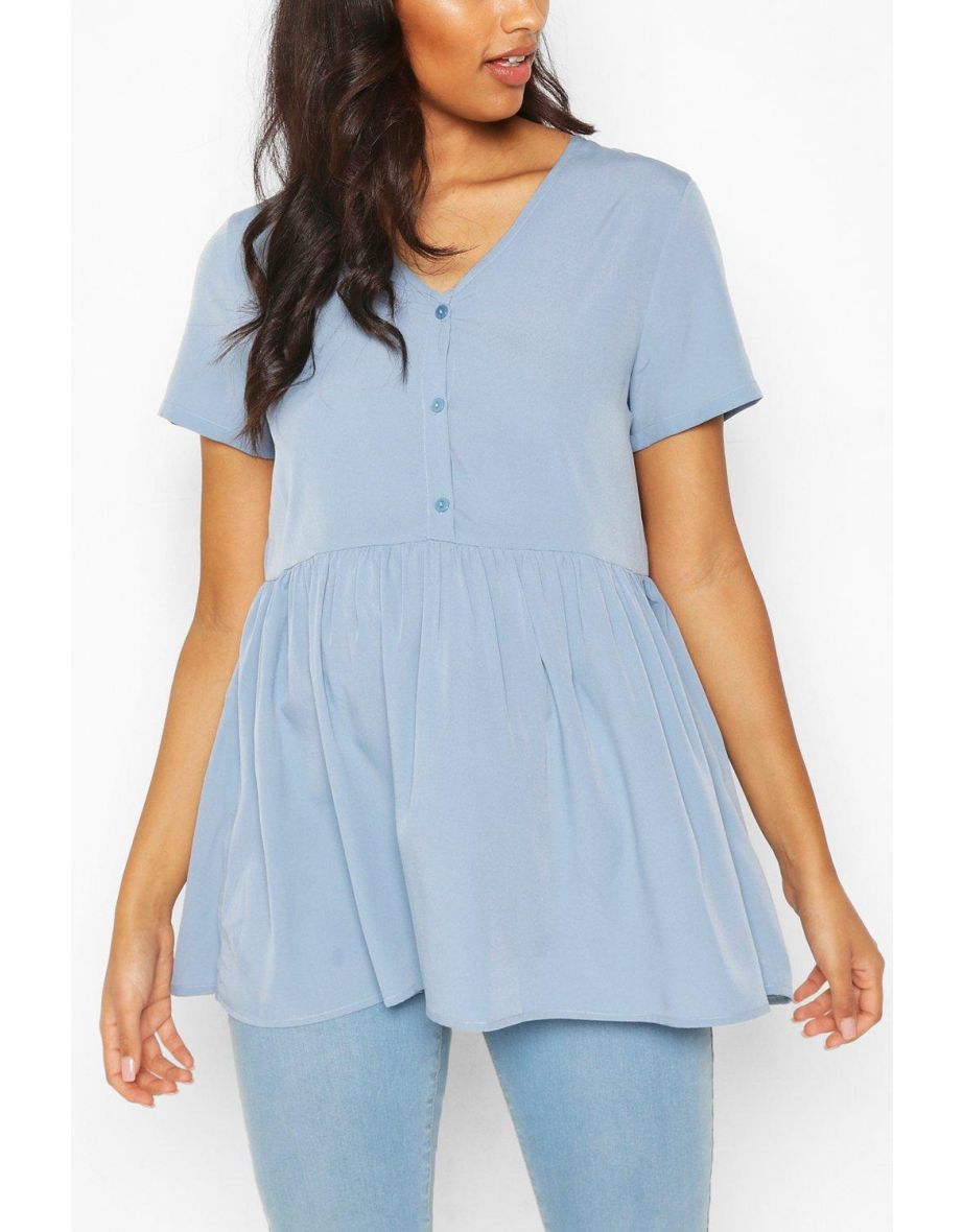 Maternity Button Front Woven Smock Top - pale blue