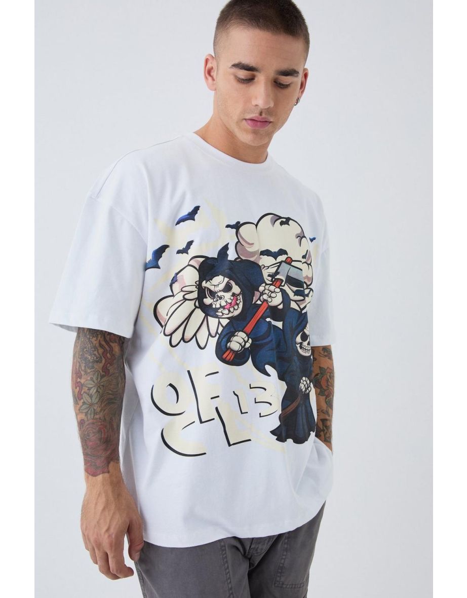 Oversized Puff Print OFCL Skull T-Shirt - white