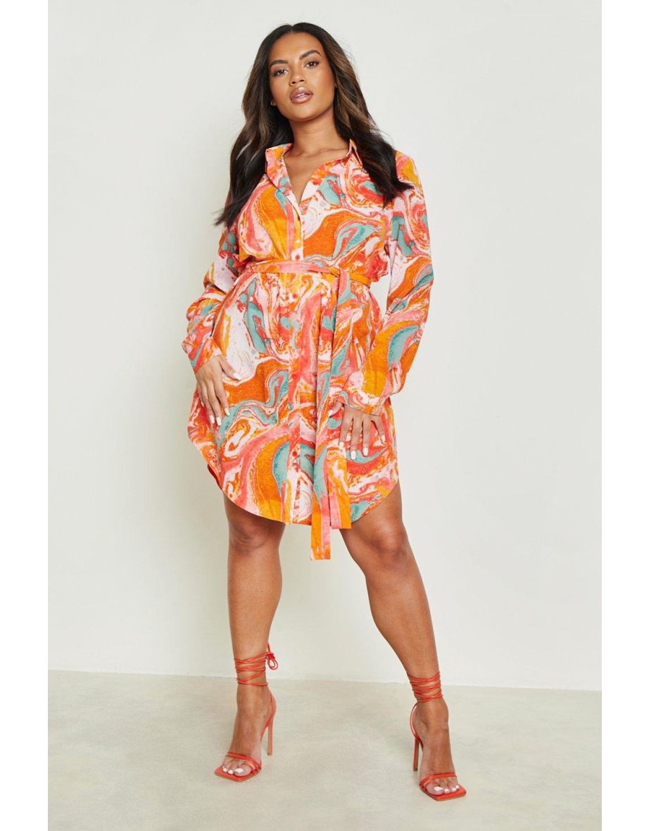 Plus Marble Effect Printed Shirt Dress - orange
